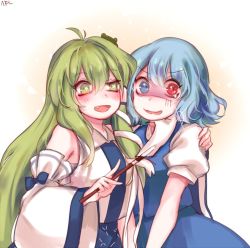 Rule 34 | 2girls, :d, ahoge, arm around shoulder, bare shoulders, beige background, blue bow, blue eyes, blue hair, blue skirt, blue vest, blush, bow, commentary, detached sleeves, fang, frog hair ornament, gradient background, green eyes, green hair, hair ornament, hair tubes, heterochromia, holding, kochiya sanae, long hair, long sleeves, looking at another, looking at viewer, multiple girls, open mouth, puffy short sleeves, puffy sleeves, red eyes, shan, shirt, short hair, short sleeves, sidelocks, skirt, skirt set, smile, snake hair ornament, sparkle, star-shaped pupils, star (symbol), symbol-shaped pupils, tatara kogasa, tears, touhou, turn pale, uneven eyes, v arms, very long hair, vest, white background, white shirt, wide sleeves