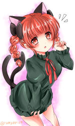 Rule 34 | 1girl, animal ear fluff, animal ears, black bow, blunt bangs, bow, braid, cat ears, cat tail, dress, extra ears, foot out of frame, frills, green dress, hair bow, hair ribbon, hand up, kaenbyou rin, leaning forward, long hair, looking at viewer, multiple tails, neck ribbon, nekomata, open mouth, paw pose, ramudia (lamyun), red eyes, red hair, red ribbon, ribbon, simple background, sleeves past wrists, solo, tail, touhou, tress ribbon, twin braids, twintails, two tails, white background