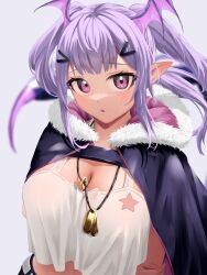 Rule 34 | 1girl, absurdres, arknights, between breasts, black cloak, blurry, blurry background, blush, breasts, cleavage, cloak, commentary, crop top, crop top overhang, crossed arms, dog tags, fur-trimmed cloak, fur trim, furrowed brow, grey background, hair ornament, hairclip, head wings, highres, jewelry, large breasts, light purple hair, long hair, looking at viewer, manticore (arknights), necklace, paid reward available, parted lips, pointy ears, purple eyes, scorpion tail, sidelocks, simple background, solo, star (symbol), tail, tank top, twintails, upper body, white tank top, wings, yumeto (ym-1)
