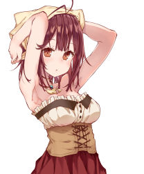 Rule 34 | 1girl, :o, alt (ctrldel), antenna hair, armpits, arms up, atelier (series), atelier sophie, bare shoulders, blush, breasts, brown eyes, brown hair, cleavage, corset, highres, jewelry, looking at viewer, medium breasts, necklace, short hair, simple background, solo, sophie neuenmuller, upper body, white background