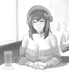 Rule 34 | 1girl, 2others, black hair, breasts, choker, cleavage, closed eyes, coaster, cup, drinking glass, facing viewer, hair ribbon, hat, highres, large breasts, long hair, monochrome, multiple others, open mouth, original, own hands together, pov, ribbon, roresu, sitting, smile, sweater, table, teeth, window