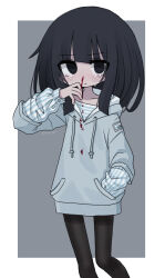 Rule 34 | 1girl, @ @, black eyes, black hair, black pantyhose, blood, blood on clothes, blush, border, buttoned cuffs, closed mouth, drawstring, feet out of frame, grey background, hand in pocket, hand up, hood, hood down, hoodie, kanikan, layered sleeves, long hair, long sleeves, looking at viewer, nosebleed, original, outside border, pantyhose, shirt, short over long sleeves, short sleeves, simple background, solo, standing, striped clothes, striped shirt, tears, twitter username, white border