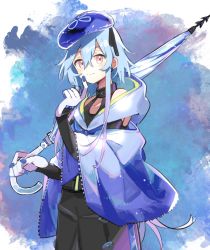 Rule 34 | 1boy, androgynous, arknights, black collar, blue background, blue hat, blue nails, collar, collarbone, hair between eyes, hat, highres, holding, holding umbrella, infection monitor (arknights), long hair, male focus, mizuki (arknights), nail polish, purple eyes, raincoat, solo, tagme, umbrella, vegetable noda