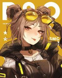 Rule 34 | 1girl, blush, breasts, brown hair, choker, double bun, english text, eyes visible through hair, female focus, girls&#039; frontline, glasses, glasses on head, hair bun, hand up, holding, jewelry, looking at viewer, medium breasts, orange-tinted eyewear, p90 (girls&#039; frontline), pendant, radio, red eyes, simple background, smile, solo, star (symbol), sunglasses, sunglasses on head, tactical clothes, terupancake, tinted eyewear, tongue, tongue out, upper body