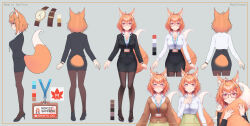 Rule 34 | 1girl, ahoge, animal ear fluff, animal ears, artist request, black footwear, black jacket, black skirt, breasts, character sheet, collarbone, collared shirt, color guide, fox ears, fox girl, fox mask, fox tail, glasses, hand on own chest, heart, heart-shaped pupils, high heels, highres, hugging own tail, hugging tail, id card, indie virtual youtuber, jacket, jewelry, lanyard, large breasts, mask, momiji saffron, multiple views, necklace, office lady, orange hair, pantyhose, pencil skirt, pink eyes, shirt, skirt, sparkling eyes, symbol-shaped pupils, tail, torii, twitter username, virtual youtuber, watch, white shirt, wristwatch