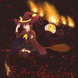 Rule 34 | 1girl, adjusting clothes, adjusting headwear, alternate color, blue eyes, broom, broom riding, brown hair, chandelure, cloak, creatures (company), crescent, crescent pin, fire, game freak, gen 5 pokemon, hair between eyes, hat, highres, looking at viewer, nintendo, pokemon, pokemon (creature), school uniform, shiny pokemon, short hair, simple background, skirt, smile, star pin, thighhighs, witch, witch hat, yuiisbestsinger