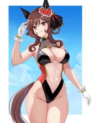 Rule 34 | 1girl, alternate costume, animal ears, blue sky, blush, border, breasts, brown hair, cleavage, commentary request, cowboy shot, ear covers, ear ornament, gentildonna (umamusume), gloves, hair between eyes, highleg, highleg swimsuit, highres, horse ears, horse girl, horse tail, large breasts, looking at viewer, medium hair, navel, one-piece swimsuit, outdoors, parted lips, red eyes, sky, smile, swimsuit, tail, thigh gap, tsukiyuki mike, umamusume, white border, white gloves