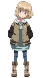 Rule 34 | 1girl, blonde hair, blue dress, blue eyes, blue pantyhose, boots, brown footwear, brown jacket, casual, closed mouth, commentary, dress, emblem, fang, full body, girls und panzer, gundam, hands in pockets, head tilt, hood, hood down, hoodie, jacket, katyusha (girls und panzer), kayabakoro, letterman jacket, light blush, light frown, looking at viewer, medium dress, one-hour drawing challenge, open clothes, open jacket, pantyhose, pravda (emblem), short hair, simple background, solo, standing, white background
