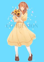 Rule 34 | 1girl, blush, bouquet, brown eyes, brown footwear, brown hair, commission, dress, flower, full body, highres, holding, holding bouquet, kazuya (kozun), looking at viewer, medium hair, omori, pantyhose, parted lips, polly (omori), short sleeves, smile, solo, sundress, sunflower, watermark, white pantyhose