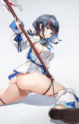 Rule 34 | 1girl, ass, bare shoulders, black hair, blue eyes, blue ribbon, blush, breasts, detached leggings, dress, fate/grand order, fate/requiem, fate (series), fundoshi, highres, japanese clothes, jewelry, kuza brs, large breasts, leggings, long sleeves, looking at viewer, magatama, magatama hair ornament, magatama necklace, medium hair, multicolored hair, necklace, open mouth, pelvic curtain, pink hair, polearm, puffy long sleeves, puffy sleeves, ribbon, sandals, seigaiha, short dress, sideboob, sideless outfit, sidelocks, solo, spear, streaked hair, thighs, utsumi erice, weapon, white dress, white leggings