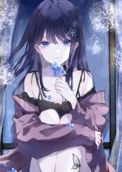 Rule 34 | 1girl, absurdres, black hair, black shirt, blue eyes, breasts, butterfly tattoo, collarbone, commentary request, earrings, flower, hair flower, hair ornament, highres, holding, holding flower, hugging own legs, jacket, jewelry, leg tattoo, light particles, looking at viewer, motimoti067, night, off-shoulder shirt, off shoulder, open clothes, open jacket, original, pink jacket, shirt, sky, small breasts, smile, star (sky), starry sky, straight hair, tattoo, upper body, wind