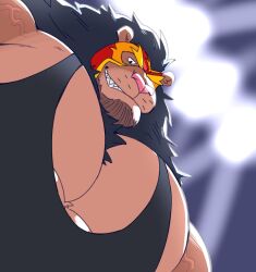Rule 34 | 1boy, animal ears, bara, beard, black hair, black tank top, brown fur, chest tuft, facial hair, foreshortening, from below, full beard, furry, furry male, highres, huge pectorals, lion boy, lion ears, looking at viewer, looking down, male focus, mature male, meme, muscular, muscular male, original, pectoral cleavage, pectoral focus, pectorals, photo-referenced, shane (megawaffle), short hair, sidepec, smirk, solo, spotlight, tank top, thick eyebrows, upper body, wrestling mask, wrestling outfit, yur oc like this (meme)