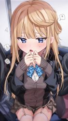 Rule 34 | 1girl, blonde hair, blue eyes, blush, bow, bowtie, breasts, cardigan, chigusa minori, commentary request, garter straps, half updo, highres, jacket, long hair, looking at viewer, medium breasts, original, own hands together, school uniform, sitting, skirt, sweat, sweatdrop, thighhighs, translation request, white thighhighs
