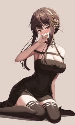 Rule 34 | 1girl, absurdres, bare shoulders, black dress, black hair, black thighhighs, blush, boots, breasts, cleavage, collarbone, dress, flower, full-face blush, glint, gold hairband, hair flower, hair ornament, hairband, hand to own mouth, head tilt, high heel boots, high heels, highres, large breasts, long hair, looking at viewer, off-shoulder dress, off shoulder, raised eyebrows, red eyes, rose, sidelocks, simple background, sitting, solo, spikes, spy x family, thigh boots, thighhighs, veca, wariza, yor briar, zettai ryouiki