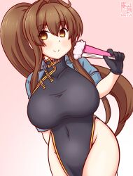 Rule 34 | 1girl, alternate costume, artist logo, black dress, blue jacket, blush, breasts, brown eyes, brown hair, china dress, chinese clothes, cowboy shot, dated, dress, folded fan, folding fan, gradient background, hand fan, holding, holding fan, jacket, kanon (kurogane knights), kantai collection, large breasts, long hair, looking at viewer, one-hour drawing challenge, pink background, ponytail, short sleeves, smile, solo, very long hair, yamato (kancolle)