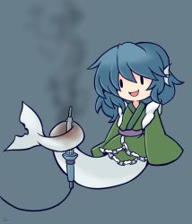 Rule 34 | 1girl, 216, :d, blue hair, burning, burnt, chibi, commentary request, fins, frills, green kimono, grey background, head fins, holding, holding with tail, japanese clothes, kimono, long sleeves, medium hair, mermaid, monster girl, open mouth, prehensile tail, signature, simple background, sleeves past fingers, sleeves past wrists, smile, smoke, soldering iron, solo, tail, touhou, wakasagihime, wide sleeves, you&#039;re doing it wrong, | |