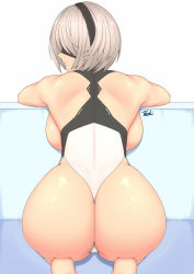 Rule 34 | 1girl, ass, back, backboob, black blindfold, blindfold, breasts, from behind, hairband, highres, huge ass, large breasts, leotard, mole, mole under mouth, nier (series), nier:automata, short hair, solo, tsuki riven, white background, white hair, 2b (nier:automata)