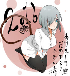 Rule 34 | 1girl, 2016, between legs, black thighhighs, breasts, character request, chinese zodiac, copyright request, dress shirt, green eyes, grey hair, hair over one eye, hand between legs, large breasts, leaning forward, looking at viewer, mole, mole under eye, monkey tail, parted lips, sente, shirt, short hair, solo, tail, thighhighs, translation request, white shirt, year of the monkey
