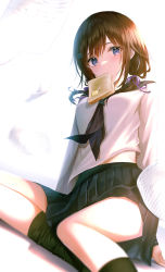 Rule 34 | 1girl, black skirt, bread, commentary request, food, food in mouth, hair ribbon, highres, long sleeves, looking at viewer, medium hair, midriff peek, necktie, original, pleated skirt, ribbon, sailor collar, school uniform, serafuku, shirt, short twintails, sidelocks, sitting, skirt, socks, solo, thighs, twintails, white background, white shirt, yk (pixiv43531291)