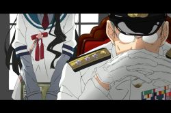 Rule 34 | 1boy, 1girl, admiral (kancolle), akitetsu, bad id, bad twitter id, black hair, gendou pose, glasses, own hands clasped, hat, kantai collection, letterboxed, long hair, military, military uniform, naval uniform, necktie, neon genesis evangelion, ooyodo (kancolle), opaque glasses, own hands together, parody, peaked cap, school uniform, serafuku, uniform