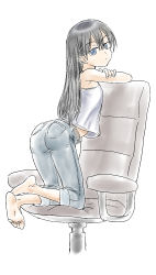 Rule 34 | 1girl, arm support, ass, barefoot, belt, black hair, blue eyes, camisole, chair, denim, feet, female focus, from behind, full body, highres, jeans, kneeling, looking back, office chair, original, pants, soles, solo, souji kurokawa, swivel chair, toes, white background