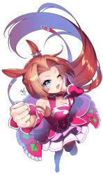 Rule 34 | 1girl, absurdres, animal ears, blue eyes, boots, breasts, cleavage, clenched hand, collarbone, commentary request, detached sleeves, hand on own cheek, hand on own face, highres, horse ears, horse tail, kawakami princess (umamusume), medium breasts, one eye closed, simple background, solo, tail, thigh boots, thighhighs, umamusume, white background, yukimichi (nieko)