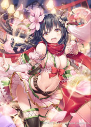 Rule 34 | 1girl, :d, akkijin, arm up, bare shoulders, belt, black hair, black thighhighs, blurry, breasts, cherry blossoms, cleavage, crop top, depth of field, detached sleeves, floating hair, flower, garter straps, glint, gold trim, hair bun, hair flower, hair ornament, highres, long hair, long sleeves, looking at viewer, medium breasts, microphone, midriff, miniskirt, navel, open mouth, petals, pink flower, pink skirt, pleated skirt, revealing clothes, scarf, shinkai no valkyrie, single hair bun, skindentation, skirt, smile, solo, stomach, thighhighs, thighs, v-shaped eyebrows, wide sleeves, yellow eyes