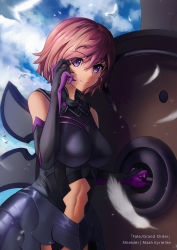 Rule 34 | 1girl, absurdres, armor, bird, breasts, character name, chierru, cloud, cloudy sky, commentary, copyright name, day, elbow gloves, eyes visible through hair, fate/grand order, fate (series), faulds, feathers, gloves, hair between eyes, tucking hair, hand on own face, highres, holding, holding shield, large breasts, looking at viewer, mash kyrielight, navel, pink hair, purple eyes, shield, short hair, sky, solo, stomach