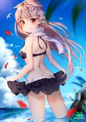Rule 34 | 10s, 1girl, back, bikini, bird, black bikini, black ribbon, black skirt, blonde hair, blue sky, clothes lift, day, from behind, hair flaps, hair ribbon, highres, kantai collection, lifted by self, long hair, looking at viewer, looking back, nyum, outdoors, palm tree, red eyes, ribbon, scarf, seagull, skirt, skirt lift, sky, smile, solo, standing, summer, swimsuit, tree, twitter username, wading, water, white scarf, yuudachi (kancolle), yuudachi kai ni (kancolle)