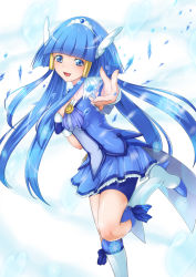 Rule 34 | 10s, 1girl, aoki reika, bike shorts, bike shorts under skirt, blue eyes, blue hair, blue skirt, blue theme, blush, boots, cure beauty, dress, eyelashes, hair ornament, hair tubes, head wings, high heels, ice, knee boots, long hair, looking at viewer, matching hair/eyes, open mouth, precure, reaching, satou kuuki, shorts, shorts under skirt, sidelocks, skirt, smile, smile precure!, solo, standing, standing on one leg, tiara, wings