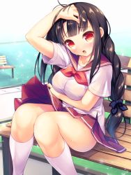 Rule 34 | 1girl, :o, arm up, bench, black hair, blue bow, blunt bangs, blush, bow, bra, bra visible through clothes, braid, breasts, clothes lift, commentary request, day, fanning crotch, hair bow, hand in own hair, highres, kneehighs, lace-trimmed bow, lace trim, large breasts, long hair, looking at viewer, nametakenoko, neckerchief, on bench, open mouth, original, outdoors, park, pleated skirt, polka dot, polka dot bra, red eyes, red neckerchief, red skirt, school uniform, see-through, serafuku, shirt, short sleeves, single braid, sitting, skirt, skirt lift, socks, solo, sweat, tareme, underwear, very long hair, white shirt, white socks