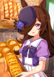 Rule 34 | 1girl, :d, ame., baguette, black hat, blue flower, blue rose, blush, bow, bread, brick wall, brown hair, commentary request, flower, food, hair over one eye, hat, hat flower, highres, holding, looking at viewer, open mouth, pleated skirt, puffy short sleeves, puffy sleeves, purple bow, purple eyes, purple shirt, rice shower (umamusume), rose, school uniform, shirt, short sleeves, skirt, smile, solo, standing, tilted headwear, tracen school uniform, umamusume, white skirt