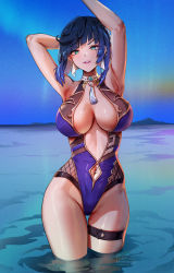 Rule 34 | 1girl, armpits, arms behind head, arms up, blue hair, breasts, choker, clothing cutout, diagonal bangs, dice, foxyreine, gem, genshin impact, green eyes, highres, large breasts, lips, looking at viewer, navel, navel cutout, navel piercing, one-piece swimsuit, parted lips, piercing, short hair, sky, solo, swimsuit, tassel, thigh strap, thighs, v-shaped eyebrows, wading, water, white choker, yelan (genshin impact)