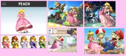 Rule 34 | 1girl, 3boys, alternate color, alternate hair color, alternate skin color, bare legs, battle, blonde hair, blue eyes, brooch, brown hair, character name, closed eyes, crown, dark skin, dress, elbow gloves, fox mccloud, gloves, green dress, highres, jewelry, long hair, looking at viewer, mario, mario (series), multiple boys, nintendo, official art, one eye closed, open mouth, outdoors, overalls, palette swap, pink dress, princess, princess peach, puffy short sleeves, puffy sleeves, purple dress, red footwear, shoes, short hair, short sleeves, smile, star fox, super mario bros. 1, super smash bros., toad (mario), wario, yellow dress
