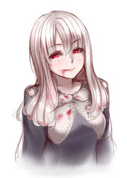 Rule 34 | 1girl, blonde hair, blood, blood on face, blood on clothes, dress, grey dress, irudana, long hair, looking at viewer, original, red eyes, silver hair, simple background, smile, solo, upper body, vampire