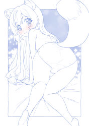Rule 34 | 1girl, aged down, all fours, animal ears, ass, back, barefoot, bed sheet, blue theme, blush, closed mouth, commentary, crotch seam, from behind, hair tie, highres, long hair, looking at viewer, looking back, miyagoe yoshitsuki, monochrome, on bed, outside border, panties, raccoon ears, raccoon girl, raccoon tail, raphtalia, smile, solo, spot color, tail, tate no yuusha no nariagari, thigh gap, topless, underwear, underwear only, very long hair