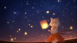 Rule 34 | 1girl, animal ears, cat ears, cat girl, cat tail, chinese commentary, closed mouth, commentary request, highres, japanese clothes, kimono, lantern, looking at viewer, original, outdoors, paper lantern, red eyes, red skirt, rune xiao, scenery, short hair, signature, skirt, sky, smile, solo, star (sky), starry sky, tail, thighhighs, white hair, white kimono, white thighhighs