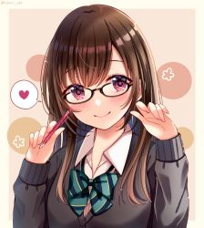 Rule 34 | 1girl, black-framed eyewear, black cardigan, blush, bow, bowtie, brown hair, cardigan, closed mouth, collared shirt, commentary request, diagonal-striped bow, diagonal-striped bowtie, diagonal-striped clothes, dress shirt, glasses, green bow, hands up, heart, holding, holding pencil, long hair, long sleeves, original, pencil, red eyes, sakura hiyori, school uniform, shirt, sleeves past wrists, smile, solo, spoken heart, striped, striped bow, striped clothes, upper body, white shirt