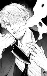 Rule 34 | 1boy, bandaid, bandaid on hand, cigarette, commentary, curly eyebrows, facial hair, hair over one eye, highres, holding, holding cigarette, holding knife, jacket, knife, littleleafbun, long sleeves, male focus, monochrome, necktie, one piece, open mouth, sanji (one piece), shirt, short hair, smoke, smoking, solo, symbol-only commentary