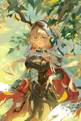 Rule 34 | 1girl, absurdres, animal ears, antlers, antlers through hood, arknights, belt, black dress, black gloves, blonde hair, blue eyes, branch, cape, commentary request, cowboy shot, dagger, deer antlers, deer ears, deer girl, dress, ears through hood, falling petals, flower, gloves, grass, highres, hood, hood up, hooded cape, horns, knife, leaf, long hair, looking at viewer, open mouth, outdoors, partially fingerless gloves, petals, red cape, sanmu, sheath, sheathed, sidelocks, smile, solo, sword, torn clothes, torn dress, two-sided cape, two-sided fabric, very long hair, viviana (arknights), weapon, white cape, white flower