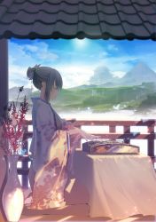 Rule 34 | 1girl, ^ ^, ajahweea, architecture, black hair, blue sky, closed eyes, copyright request, dappled sunlight, day, east asian architecture, closed eyes, floral print, flower, from side, hair bun, hair up, highres, hill, instrument, japanese clothes, kimono, mountain, music, official art, outdoors, playing instrument, ponytail, railing, seiza, single hair bun, sitting, sky, sunlight, table, vase, wide sleeves