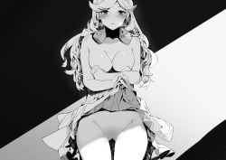 Rule 34 | 1girl, aged up, alternate breast size, blush, breasts, breath, character request, cleavage, clothes lift, clothes pull, dress, dress lift, dress pull, granblue fantasy, greyscale, highres, horns, long hair, looking at viewer, medium breasts, monochrome, navel, no panties, no pussy, parted lips, solo, two-cat-walk, wavy hair