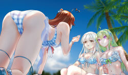 Rule 34 | 3girls, ahoge, all fours, ankle garter, arm at side, arm garter, arm support, ass, assault lily, bare arms, bare legs, bare shoulders, bikini, blue bikini, blue footwear, blue hairband, blue ribbon, blue sky, blurry, blurry background, bow hairband, bracelet, breasts, brown eyes, brown hair, choker, cleavage, closed mouth, cloud, commentary, day, egawa kusumi, facing away, frilled bikini, frilled choker, frills, from behind, from below, gem, green hair, green ribbon, hair between eyes, hair ribbon, hairband, halterneck, hand on another&#039;s arm, heart, heart ahoge, holding, holding shell, jewelry, leg ribbon, light smile, looking at another, medium breasts, multi-strapped bikini bottom, multiple girls, navel, nenshuu5man, official alternate costume, one side up, outdoors, palm tree, parted lips, pearl (gemstone), plaid, plaid bikini, plaid ribbon, purple eyes, ribbon, sandals, shell, side-by-side, sitting, sky, stomach, swimsuit, takasuga tsukushi, tanaka ichi, thigh ribbon, tree, tree shade, white choker, white hair, white ribbon