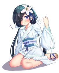 Rule 34 | 1girl, absurdres, black hair, bow, chinese clothes, commentary request, cosplay, eyepatch, fate/grand order, fate (series), flower, hair bow, hair flower, hair ornament, hair over one eye, hanfu, highres, jing ke (fate), jing ke (fate) (cosplay), long sleeves, low twintails, mkon, mochizuki chiyome (fate), one eye covered, open mouth, purple eyes, sandals, sitting, solo, twintails, wariza, white bow, white flower, wide sleeves
