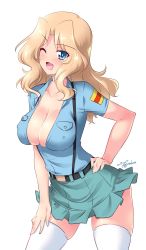 Rule 34 | 1girl, ;d, alternate costume, aoshidan school uniform, belt, black belt, blonde hair, blue eyes, blue shirt, blush, breasts, cleavage, collared shirt, commentary, cowboy shot, dated, frilled skirt, frills, girls und panzer, green skirt, hair intakes, hand on own hip, hand on own thigh, highres, kay (girls und panzer), kuzuryuu kennosuke, large breasts, leaning forward, light blush, long hair, looking at viewer, miniskirt, one-hour drawing challenge, one eye closed, open mouth, partially unbuttoned, school uniform, shirt, short sleeves, simple background, skindentation, skirt, smile, solo, spanish flag, standing, suspender skirt, suspenders, thighhighs, twitter username, white background