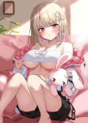 Rule 34 | 1girl, :t, ayaginu temari, bare legs, bare shoulders, black shorts, breasts, brown hair, camisole, commentary request, crop top, hugging doll, down jacket, flower knot, frown, furrowed brow, hair ribbon, highres, isekai tensei shite v ni narimashita, jacket, jewelry, knees up, large breasts, long hair, long sleeves, looking at viewer, midriff, mole, mole under eye, necklace, no bra, hugging object, off shoulder, open clothes, open jacket, pout, red eyes, ribbed shirt, ribbon, second-party source, shirt, short shorts, shorts, sitting, sleeveless, sleeveless shirt, solo, spaghetti strap, stuffed animal, stuffed rabbit, stuffed toy, tearing up, thighs, two-sided fabric, underboob, uuroncha, v-shaped eyebrows, virtual youtuber, white jacket, white shirt
