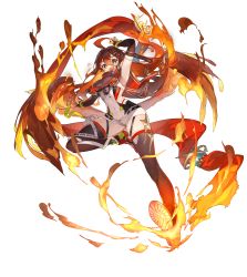 Rule 34 | 1girl, absurdres, ahoge, arm up, armpits, belt, boots, brown footwear, brown hair, fire, flame harpy scintilla, game cg, guardian tales, hair between eyes, hair ornament, hairclip, highres, kicking, leotard, looking down, multicolored eyes, multiple belts, official art, red scarf, red wings, scarf, shorts, sleeveless, star (symbol), star hair ornament, thighs, transparent background, white shorts, wings, yogurt bakudan