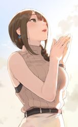 1girl, ahoge, belt, black belt, black shirt, braid, braided ponytail, breasts, brown eyes, brown hair, brown sweater, cloud, cloudy sky, commentary, day, earrings, fingers together, grey sky, hands together, idolmaster, idolmaster shiny colors, jewelry, kuwayama chiyuki, long hair, looking up, medium breasts, nekoshoko, open mouth, outdoors, ribbed sweater, shirt, sky, sleeveless sweater, solo, sweater, turtleneck, turtleneck sweater, upper body, wristband