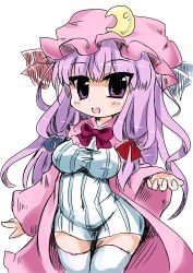 Rule 34 | 1girl, belly, bow, breasts, coat, covered erect nipples, cowboy shot, dress, hair over shoulder, hair ribbon, hand up, hat, hip focus, long hair, looking at viewer, mob cap, noai nioshi, open clothes, open coat, open mouth, patchouli knowledge, purple coat, purple eyes, purple hair, ribbon, short dress, simple background, solo, striped clothes, striped dress, taut clothes, taut dress, thighhighs, thighs, touhou, tress ribbon, white background, white thighhighs, zettai ryouiki