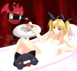 Rule 34 | 1girl, alcohol, alternate breast size, arc system works, bare shoulders, bathing, blazblue, blonde hair, breasts, bubble, cleavage, completely nude, cup, cupping glass, drinking glass, gii, hevn, long hair, medium breasts, nago, nude, aged up, rachel alucard, red eyes, ribbon, slit pupils, twintails, wine, wine glass